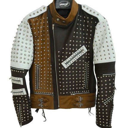 Men’s Silver Studded Leather Jacket Black/White/Brown Leather Jacket