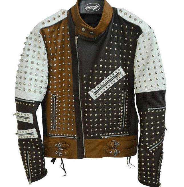 Men’s Silver Studded Leather Jacket Black/White/Brown Leather Jacket