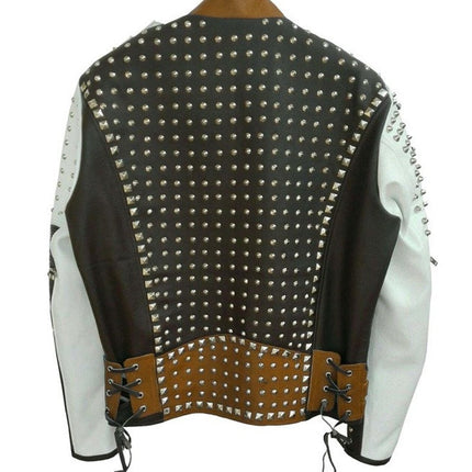 Men’s Silver Studded Leather Jacket Black/White/Brown Leather Jacket