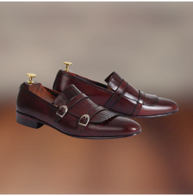 Handmade Men Brown Leather Double Monk Shoes With Fringes, Western Shoes