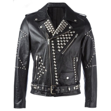 Men Classic Sliver Studded Leather Motorcycle Jacket, Biker Leather Jacket