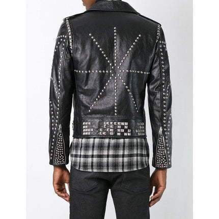 Men Classic Sliver Studded Leather Motorcycle Jacket, Biker Leather Jacket