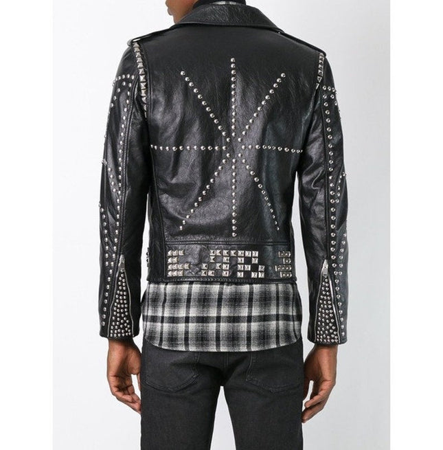 Men Classic Sliver Studded Leather Motorcycle Jacket, Biker Leather Jacket