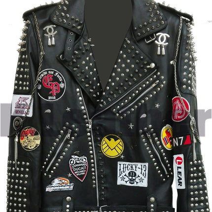 Men Black Full Silver Studded Patches With Chains Cowhide Leather Jacket with patches decorated