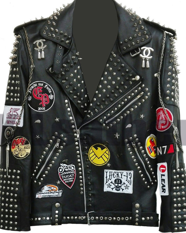 Men Black Full Silver Studded Patches With Chains Cowhide Leather Jacket with patches decorated