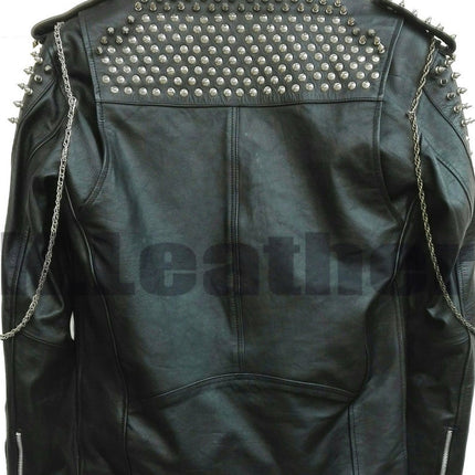 Men Black Full Silver Studded Patches With Chains Cowhide Leather Jacket with patches decorated