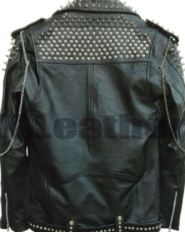 Men Black Full Silver Studded Patches With Chains Cowhide Leather Jacket with patches decorated