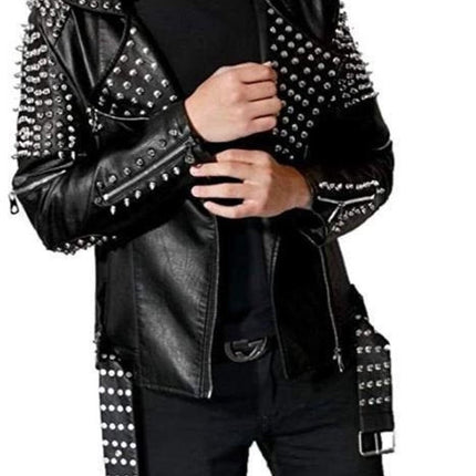Handmade Mens Punk Style Black Sliver Studded Brando Biker Leather Jacket
