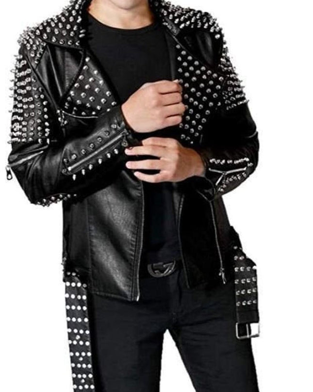 Handmade Mens Punk Style Black Sliver Studded Brando Biker Leather Jacket