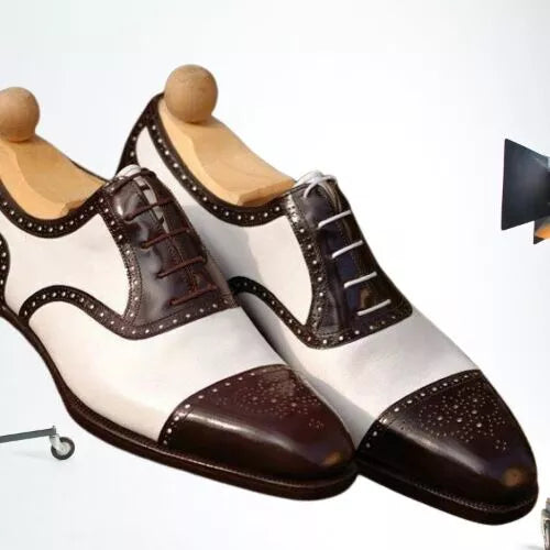 Handmade Men Dark Brown and White Brogue Formal Dress Shoes, Brogue Shoes