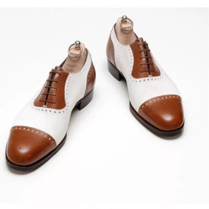 Handmade Men Brown and White Brogue Formal Dress Shoes, Brogue Shoes
