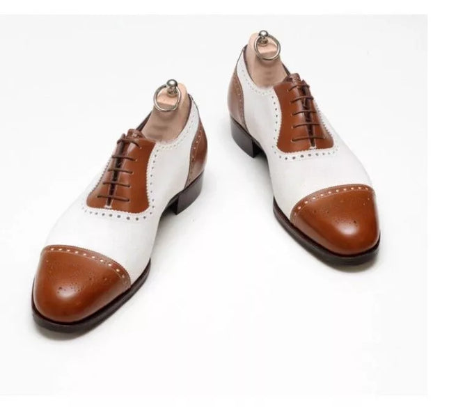 Handmade Men Brown and White Brogue Formal Dress Shoes, Brogue Shoes