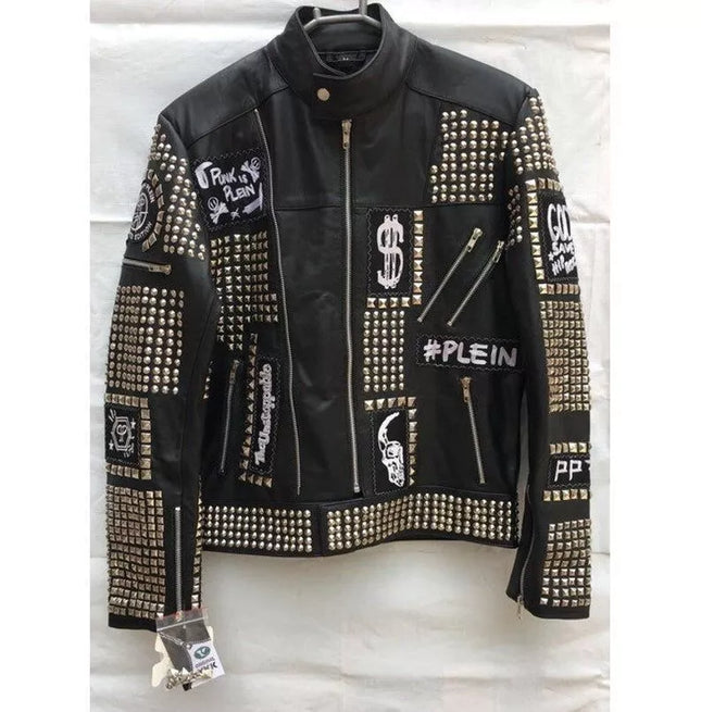 Handmade Black Color Biker Jackets, Real Leather Studded Jackets For Mens