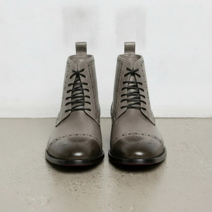 Handmade Men Gray Leather High Ankle Brogue Boots, Lace up Office Boots