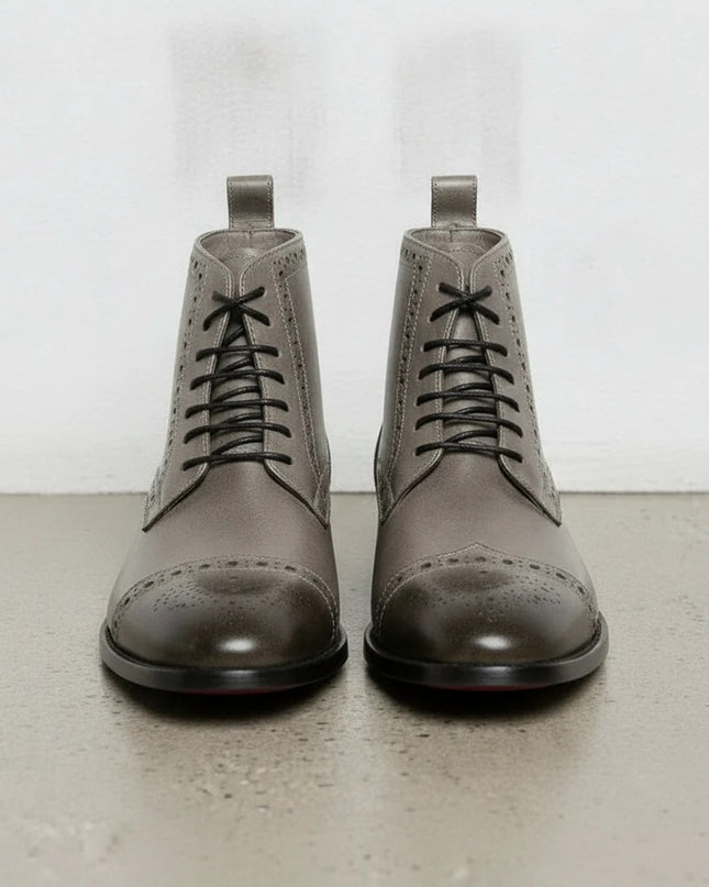 Handmade Men Gray Leather High Ankle Brogue Boots, Lace up Office Boots