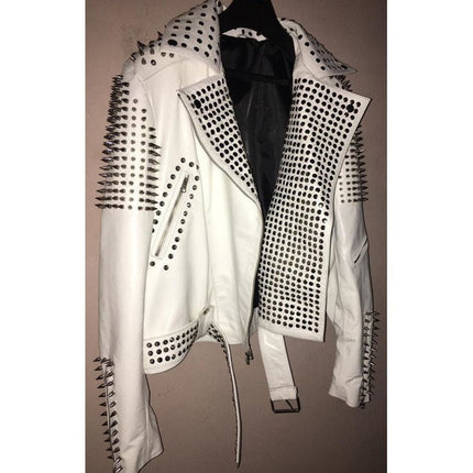 Handmade White Color Biker Jackets, Real Leather Studded Jackets For Mens