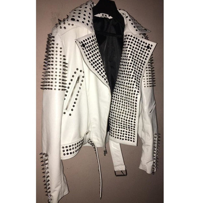 Handmade White Color Biker Jackets, Real Leather Studded Jackets For Mens
