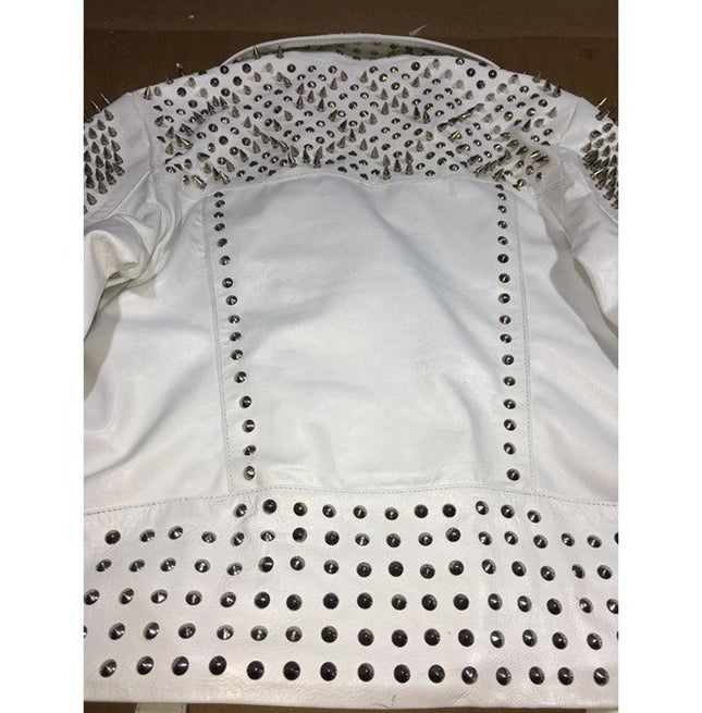 Handmade White Color Biker Jackets, Real Leather Studded Jackets For Mens