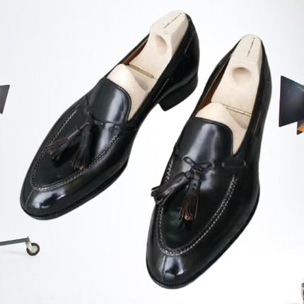 Handmade Men Black Leather Loafer Shoes with Tassels, Classic Moccasin Shoes