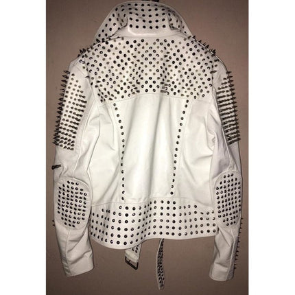 Handmade White Color Biker Jackets, Real Leather Studded Jackets For Mens