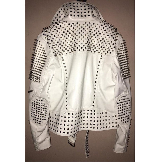 Handmade White Color Biker Jackets, Real Leather Studded Jackets For Mens
