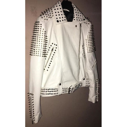 Handmade White Color Biker Jackets, Real Leather Studded Jackets For Mens