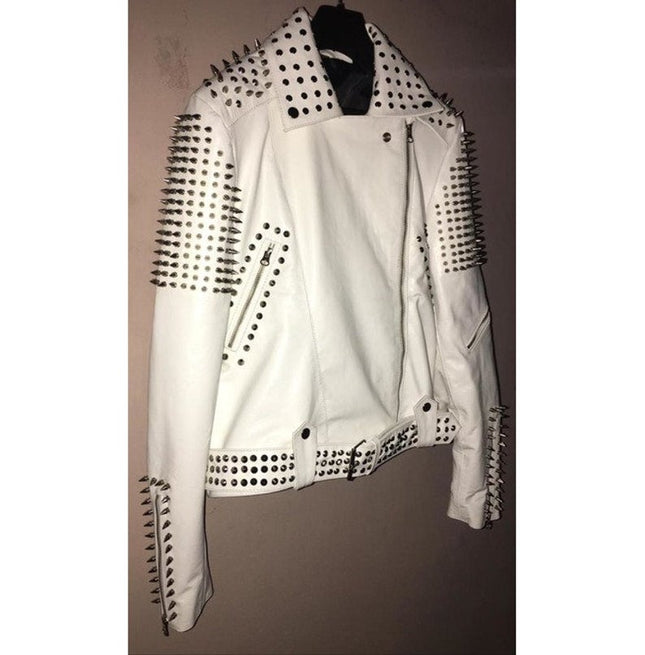 Handmade White Color Biker Jackets, Real Leather Studded Jackets For Mens