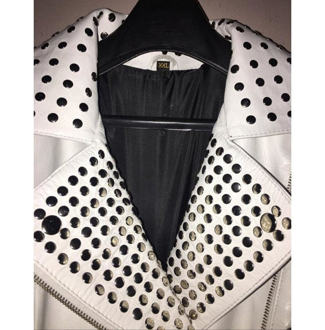 Handmade White Color Biker Jackets, Real Leather Studded Jackets For Mens