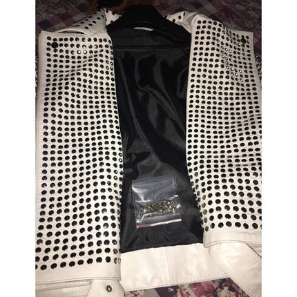Handmade White Color Biker Jackets, Real Leather Studded Jackets For Mens