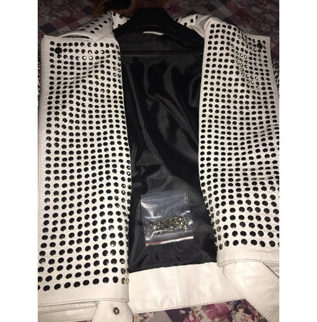 Handmade White Color Biker Jackets, Real Leather Studded Jackets For Mens