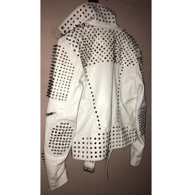 Handmade White Color Biker Jackets, Real Leather Studded Jackets For Mens