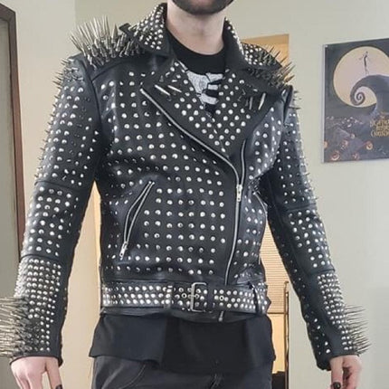Rockers Men’s Full Black Steam Punk Silver Spiked Gothic Studded Leather Brando Jacket