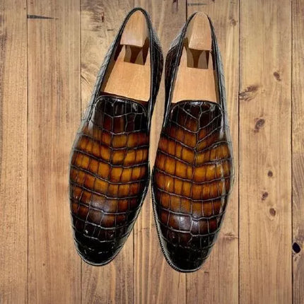 Handmade Men Shaded Tan Alligator Textured Leather Classic Moccasin Shoes