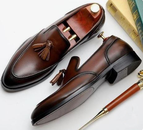 Handmade Men’s Dark Brown Tassels Slip On Formal Dress Shoes,Leather Shoes, Business Shoes