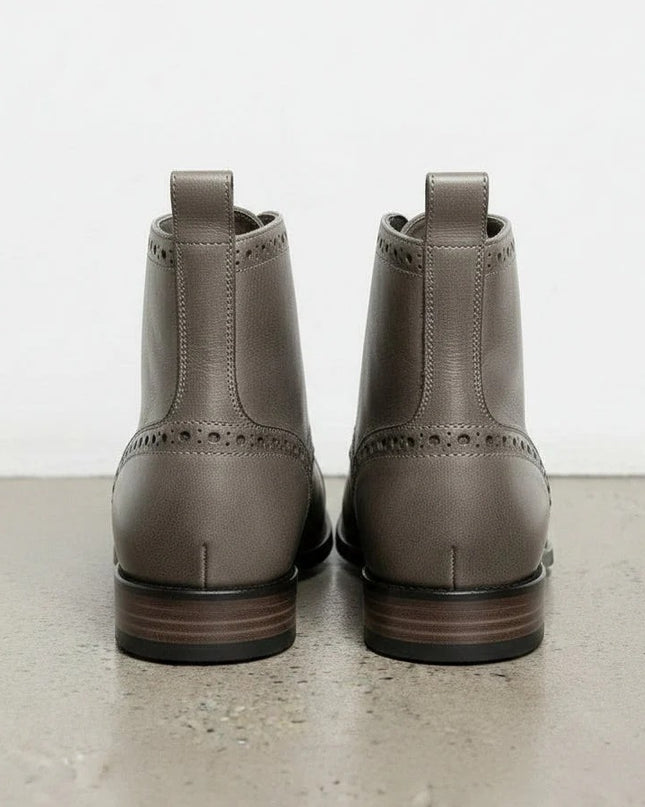 Handmade Men Gray Leather High Ankle Brogue Boots, Lace up Office Boots