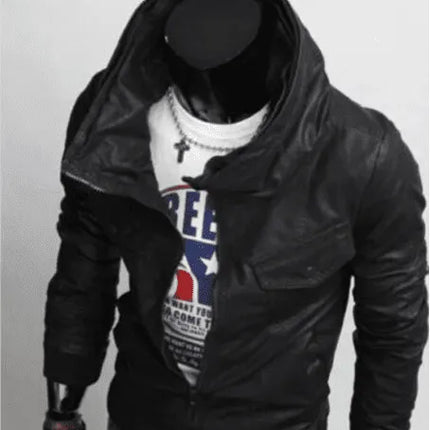 Handmade Men Black Style Hooded Leather Jacket, Slim Fit Leather Jacket