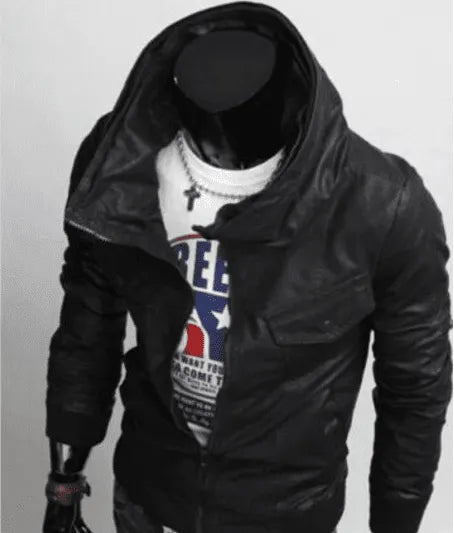 Handmade Men Black Style Hooded Leather Jacket, Slim Fit Leather Jacket