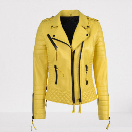 Women Yellow Leather Biker Fashion Jacket, Men Leather Slim Fit Apparel