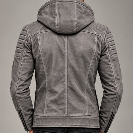 Men Gray Leather Hooded Jacket, Mens Biker Jacket, Casual Leather Jackets