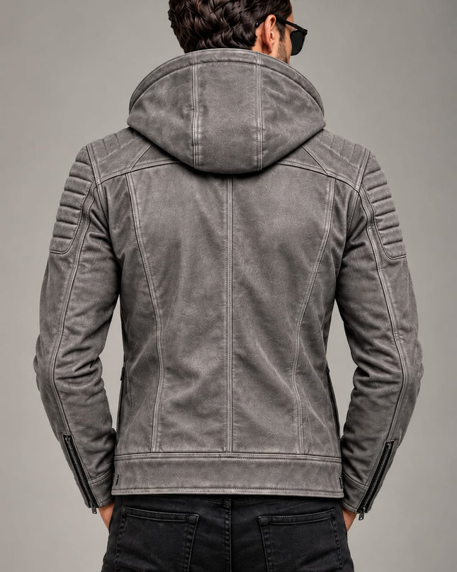 Men Gray Leather Hooded Jacket, Mens Biker Jacket, Casual Leather Jackets