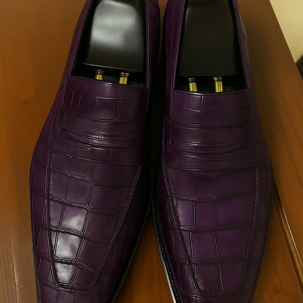 Handmade Men Purple Crocodile Leather Dress Moccasins, Formal Slip On Shoes
