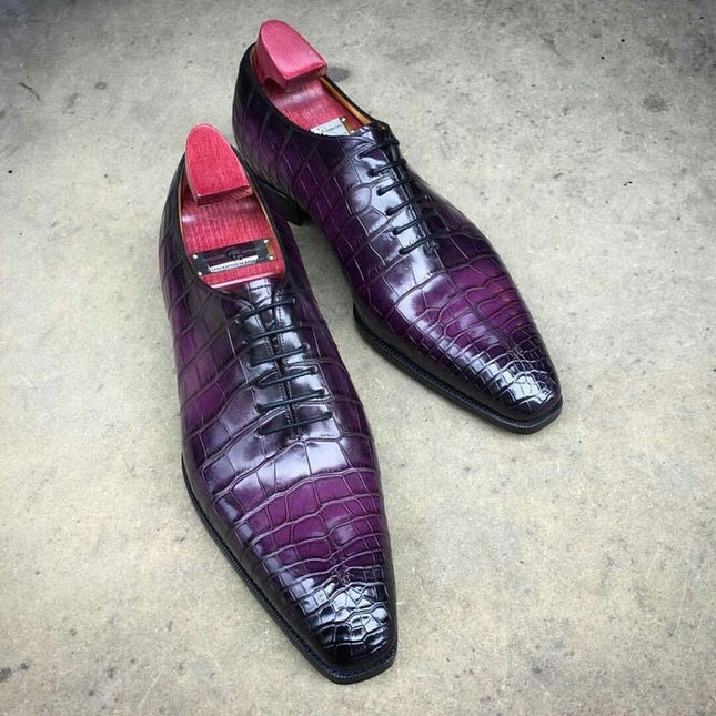 Handmade Shaded Purple Shoes, Mens Crocodile Pattern Shoes, Lace Up Dress Shoes