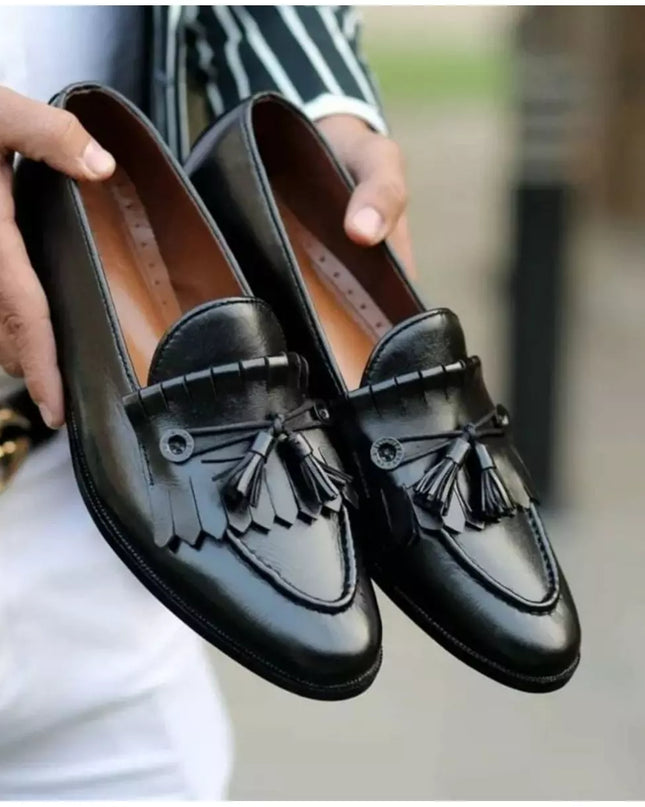 Handmade Mens Black Leather Tassels Fringes Shoes, Leather Fringe Moccasins