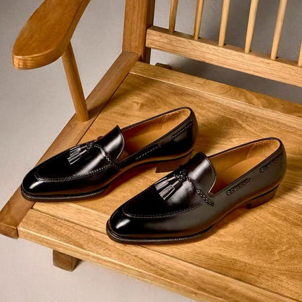 Handmade Black Tassels Loafers, Men Round Toe Slip Ons Moccasins Dress Wear
