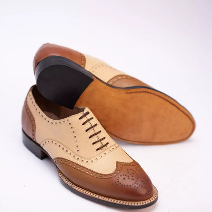 Handmade Mens Two Tone Wingtips Brogue Lace Up Formal Dress Shoes, Men Dress Shoes