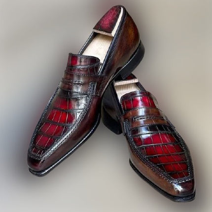 Handmade Men Shaded Burgundy Alligator Texture Business Moccasin Shoes