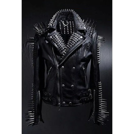 Men Black Multi Studded With Long Spike Rocker Punk Style Biker Jacket