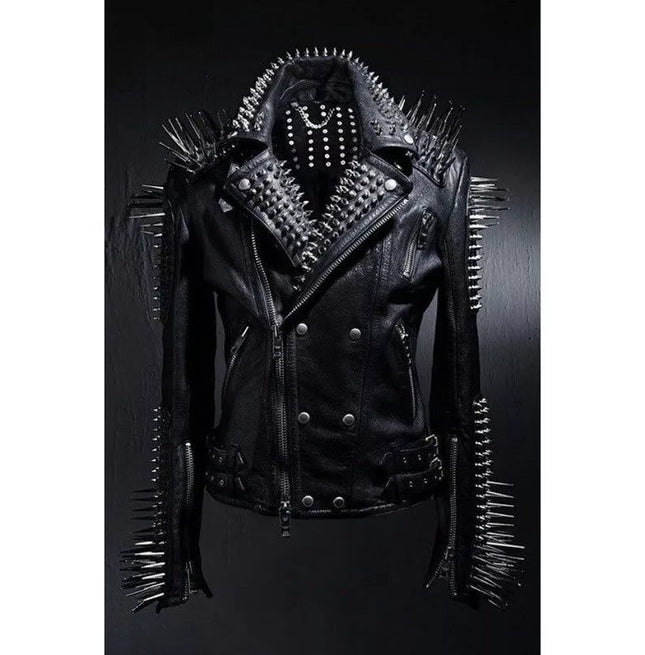 Men Black Multi Studded With Long Spike Rocker Punk Style Biker Jacket