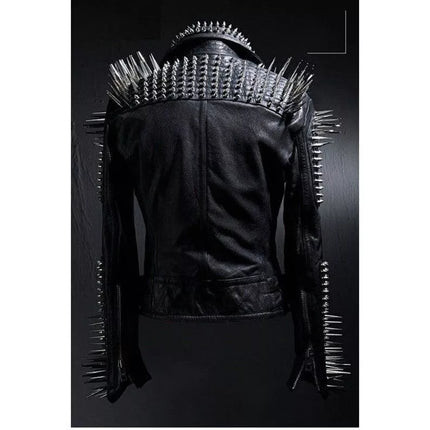 Men Black Multi Studded With Long Spike Rocker Punk Style Biker Jacket
