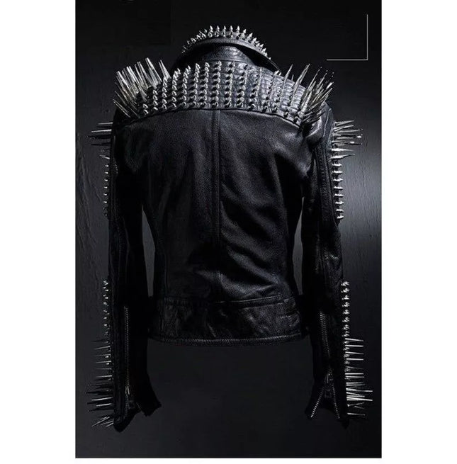 Men Black Multi Studded With Long Spike Rocker Punk Style Biker Jacket